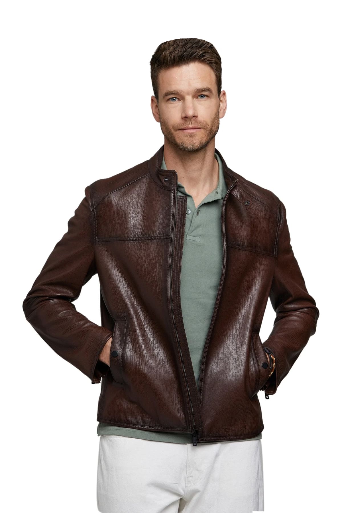 Jordan Barrett Men's 100 % Real Dark Brown Leather Biker Style Jacket