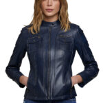 Women's 100% Real Navy Blue Leather Biker Style Jacket
