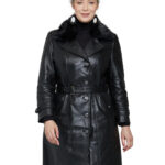 Kendall Jenner Women's 100% Real Black Leather Trench Fur Collar Coat