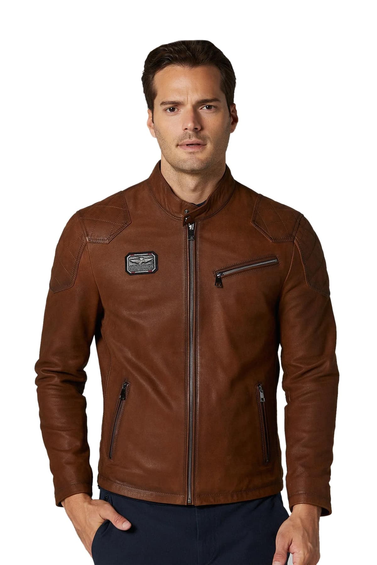 Willy Cartier Men's 100% Real Brown Leather Moto Jacket