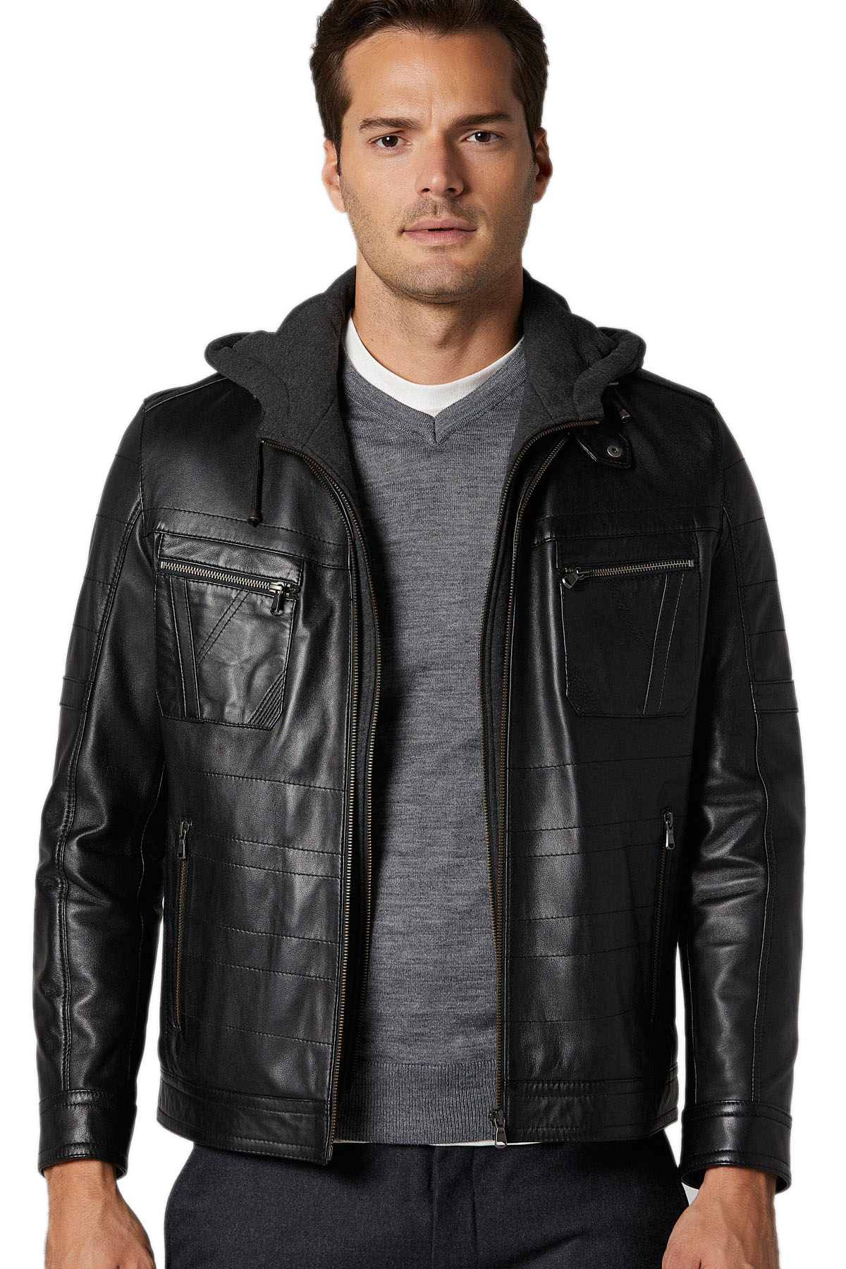 Artur Men's 100 % Real Black Leather Hooded Fit Jacket