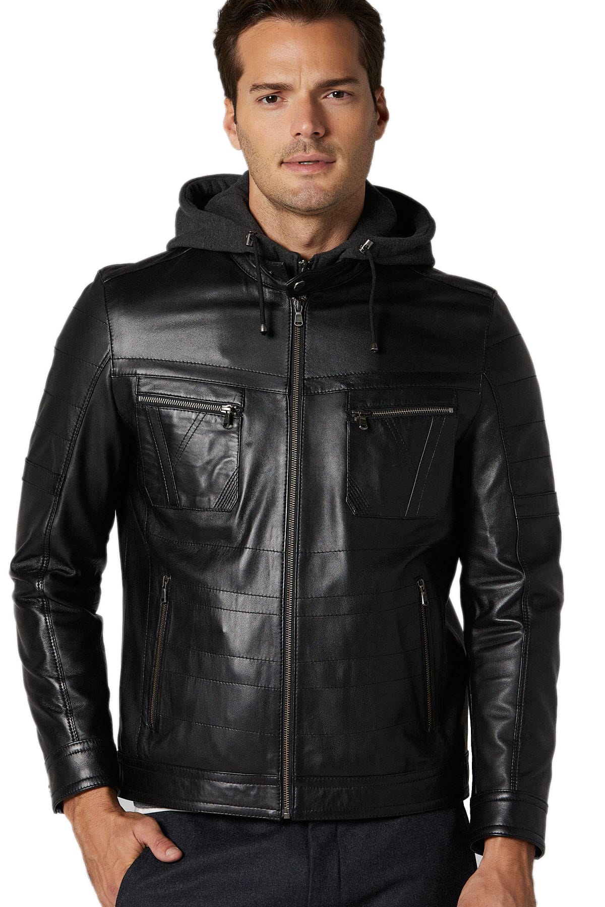 Mens Hooded Fashion Leather Jacket in Biker Style - Black Hoodie Jacket
