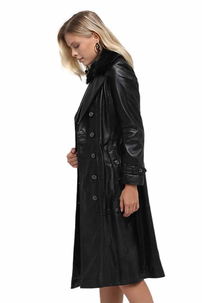 Womens Black Leather Long Trench Coat, Black Trench Coat Ladies Uk