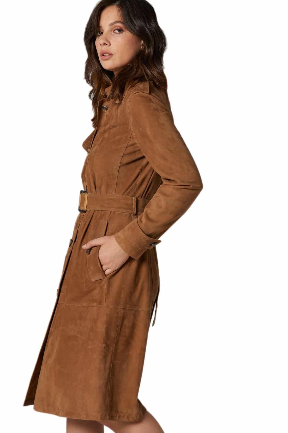 Camel Brown Real Suede Leather Trench Coats in Jacksonville