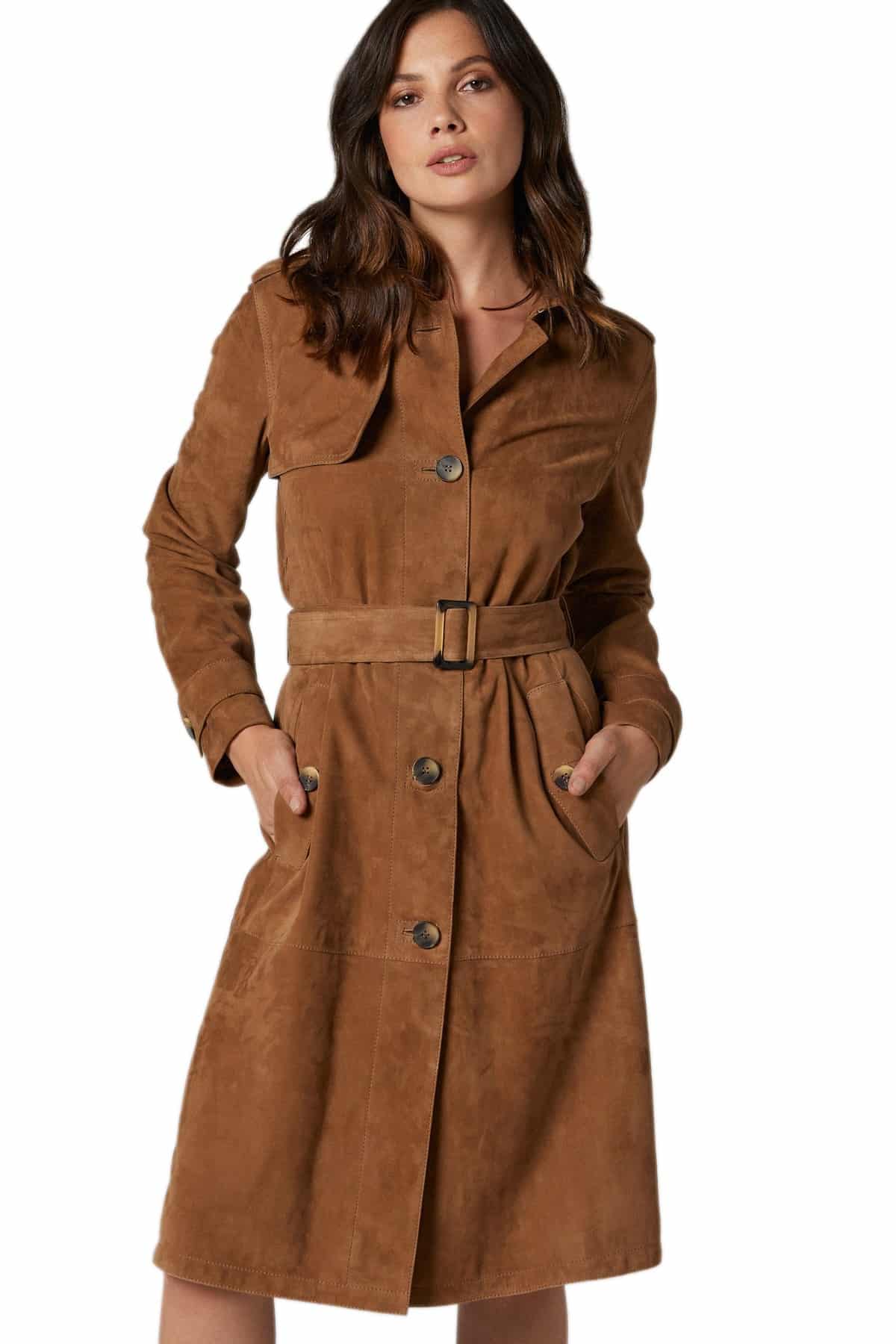 Camel Brown Suede Leather Trench Coat in Austin