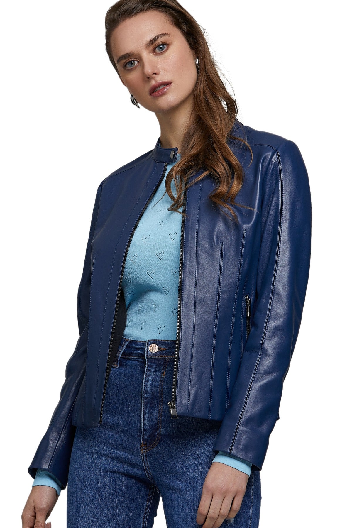 Dark Blue Motorcycle Leather Jacket for Womens in Colorado
