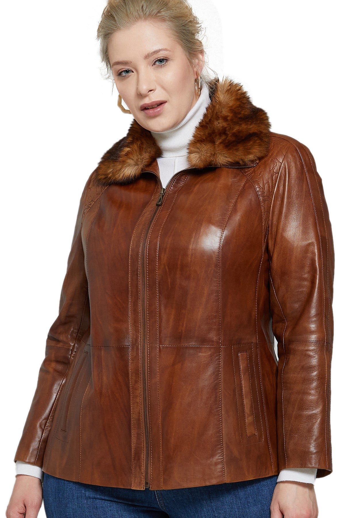 Fur Collar Brown Bomber Jacket of Leather in Chicago