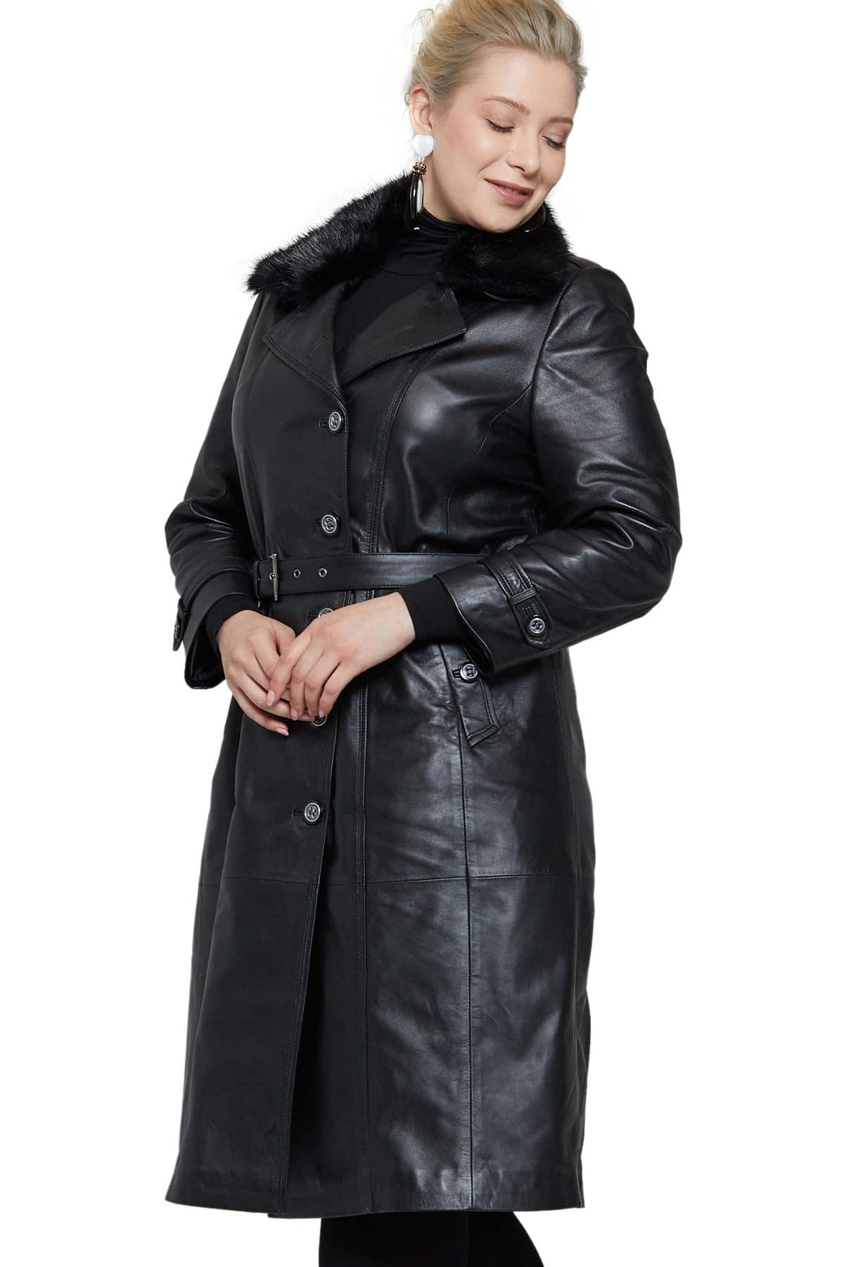 fur collar womens long leather trench coat 4