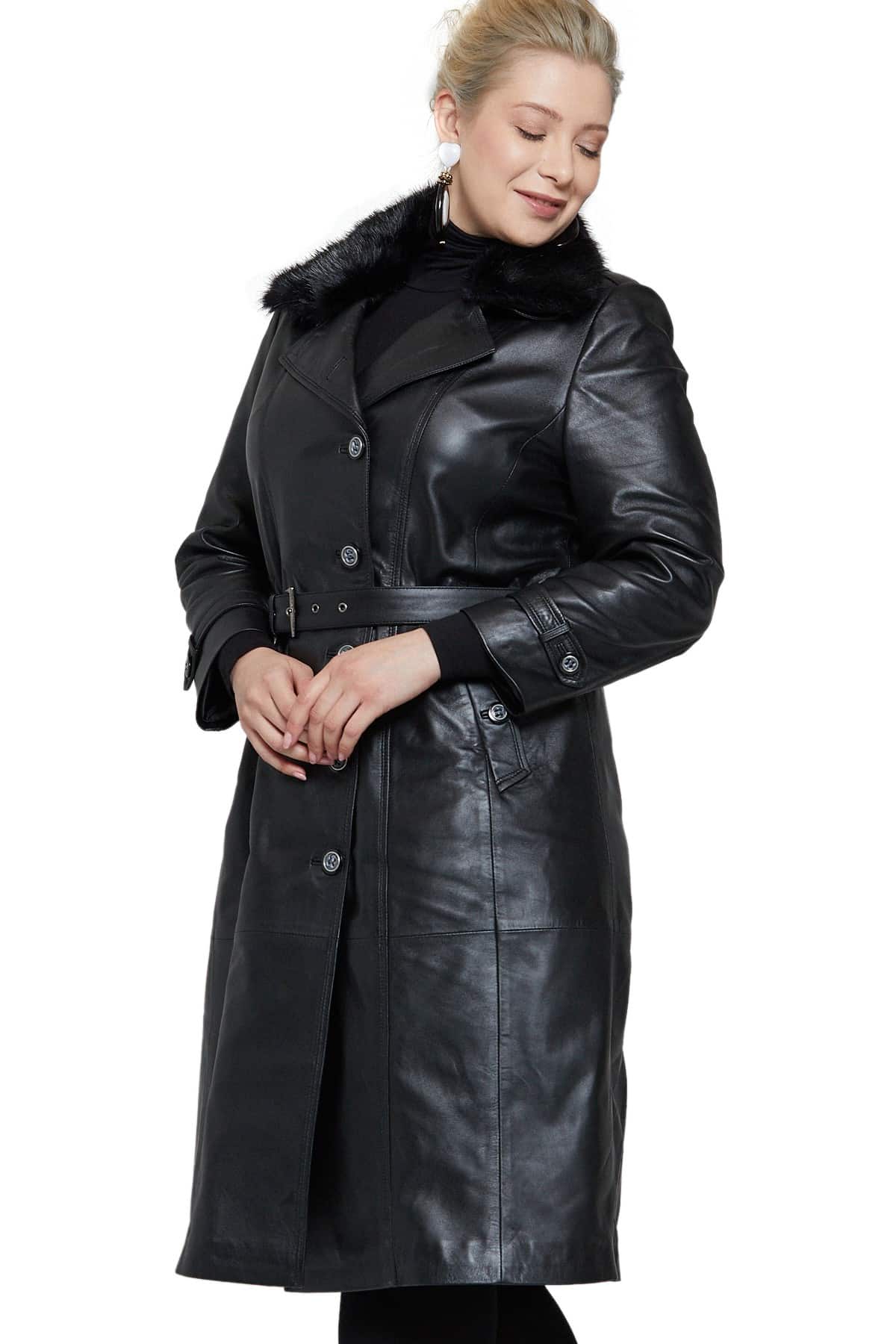 Kendall Jenner Women's 100 % Real Black Leather Trench Fur Collar Coat