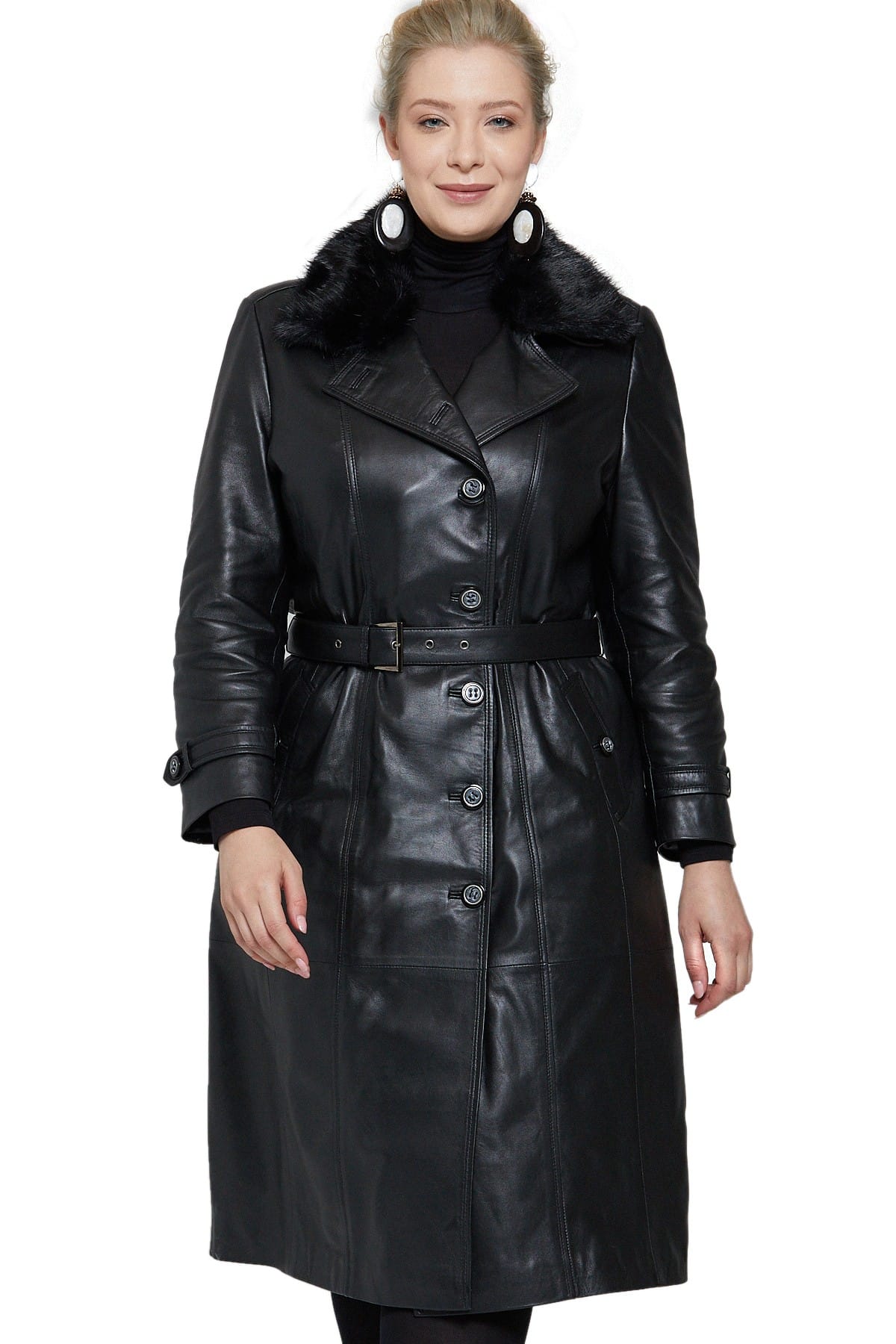 fur collar womens long leather trench coat