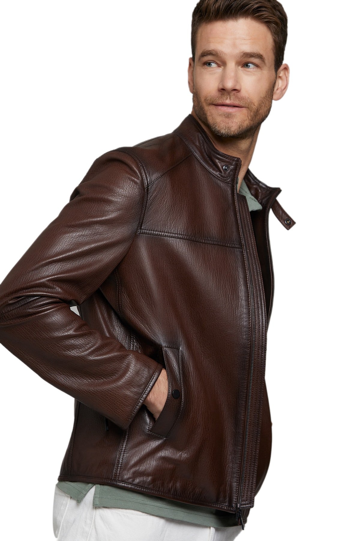 gents dark brown moto fashion leather jacket 3
