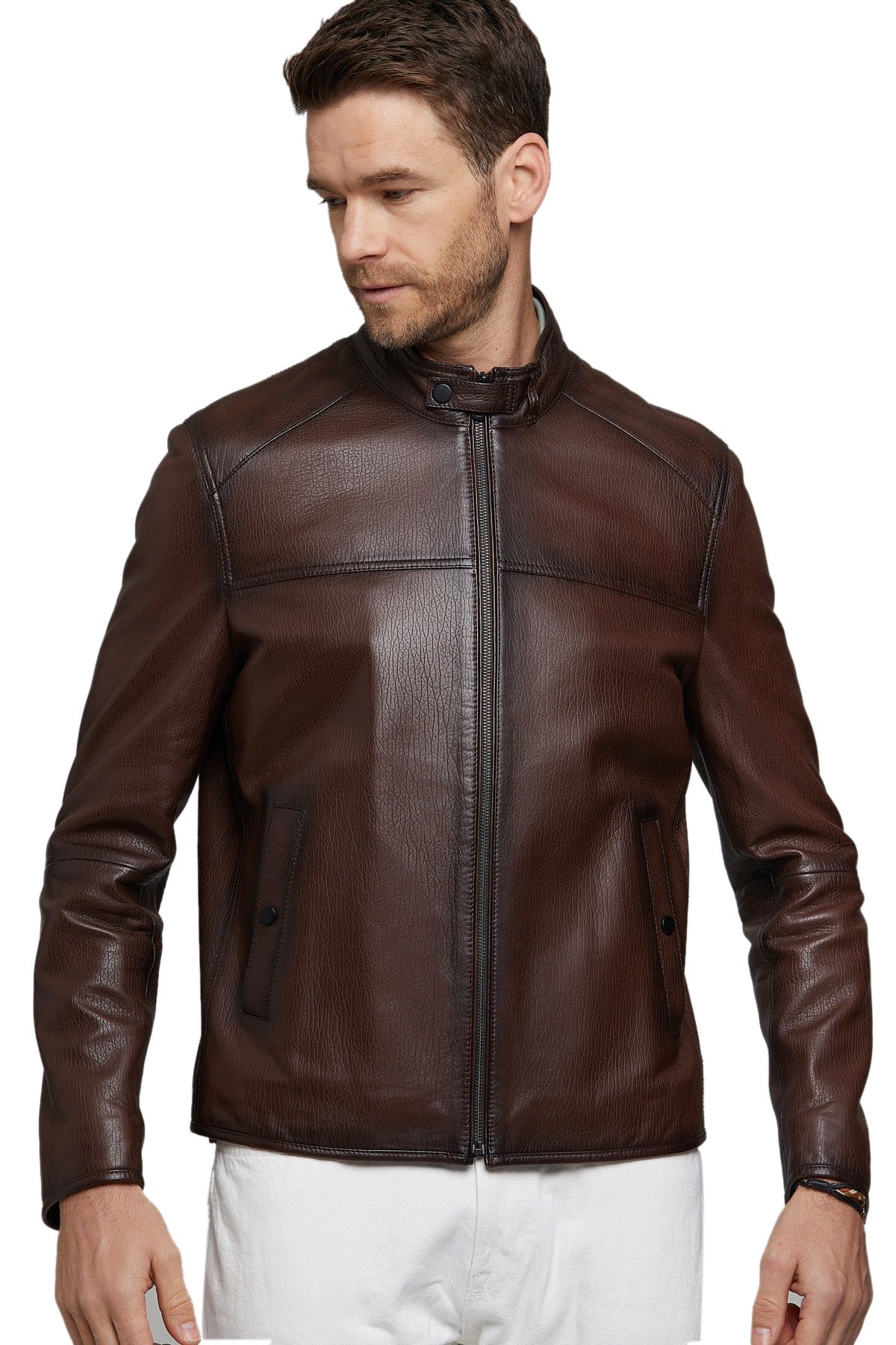 Jordan Barrett Men's 100 % Real Dark Brown Leather Biker Style Jacket