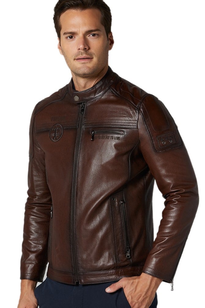 Mens Brown Leather Fashion Jacket in Sports Style - Gents Top Gun