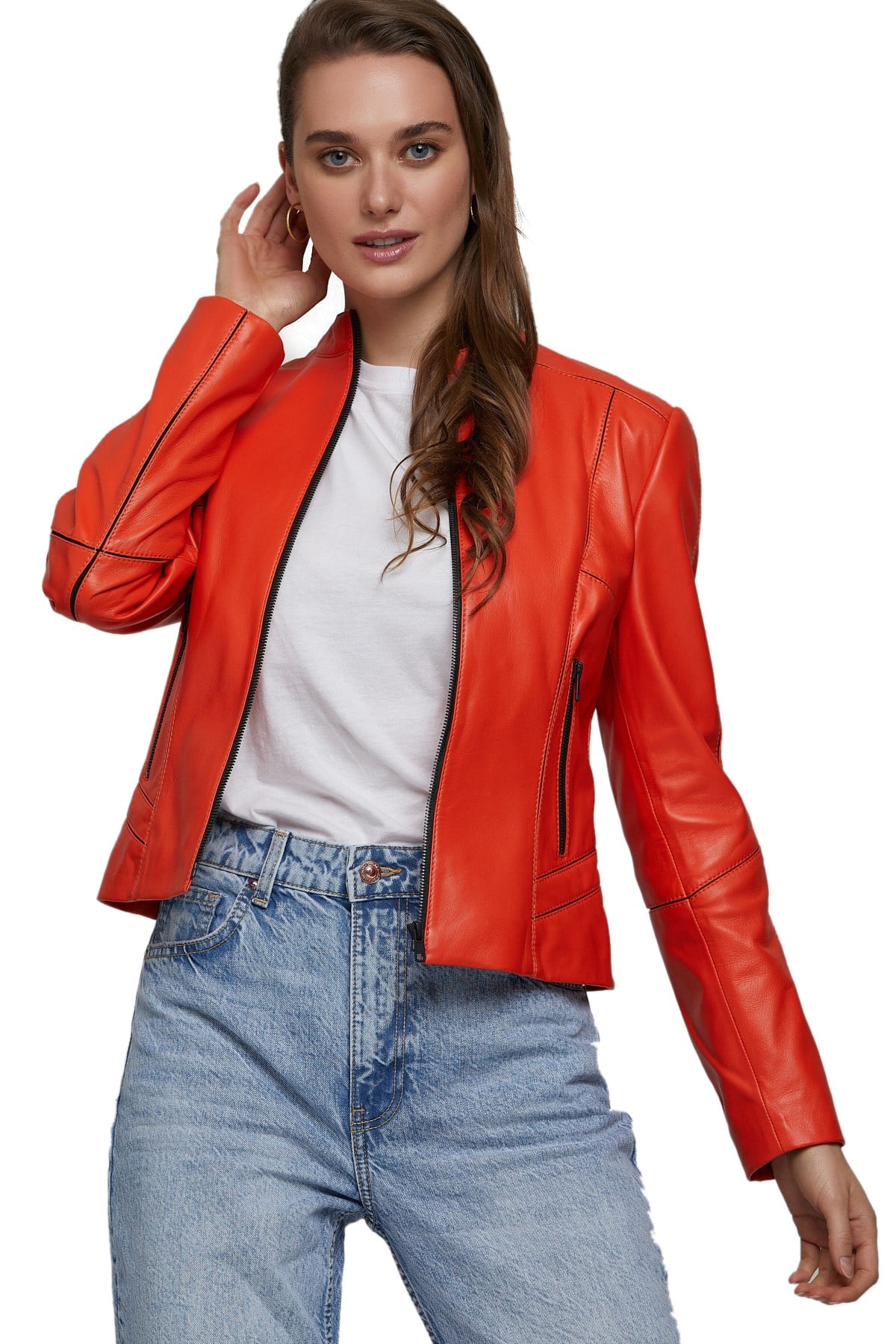 Genuine Orange Leather Jacket for Women in Wisconsin