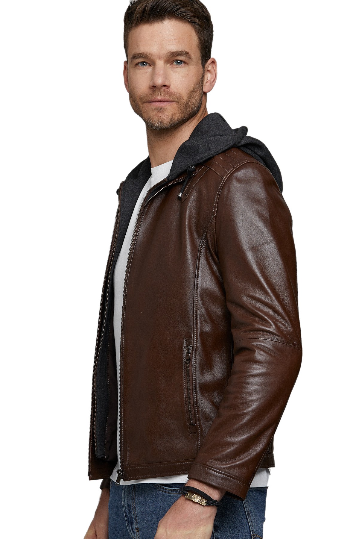 Johannes Huebl Men's 100 % Real Brown Leather Hooded Style Classic Jacket