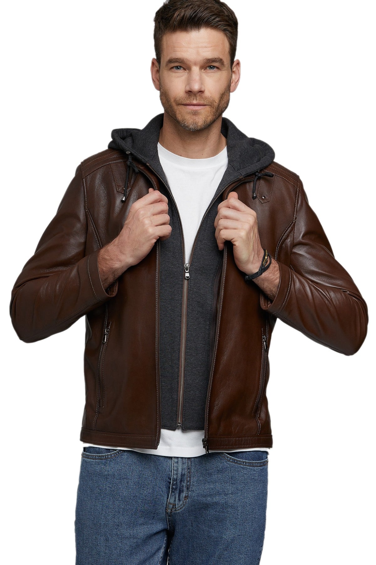 mens brown body fit leather jacket with hoodie 4
