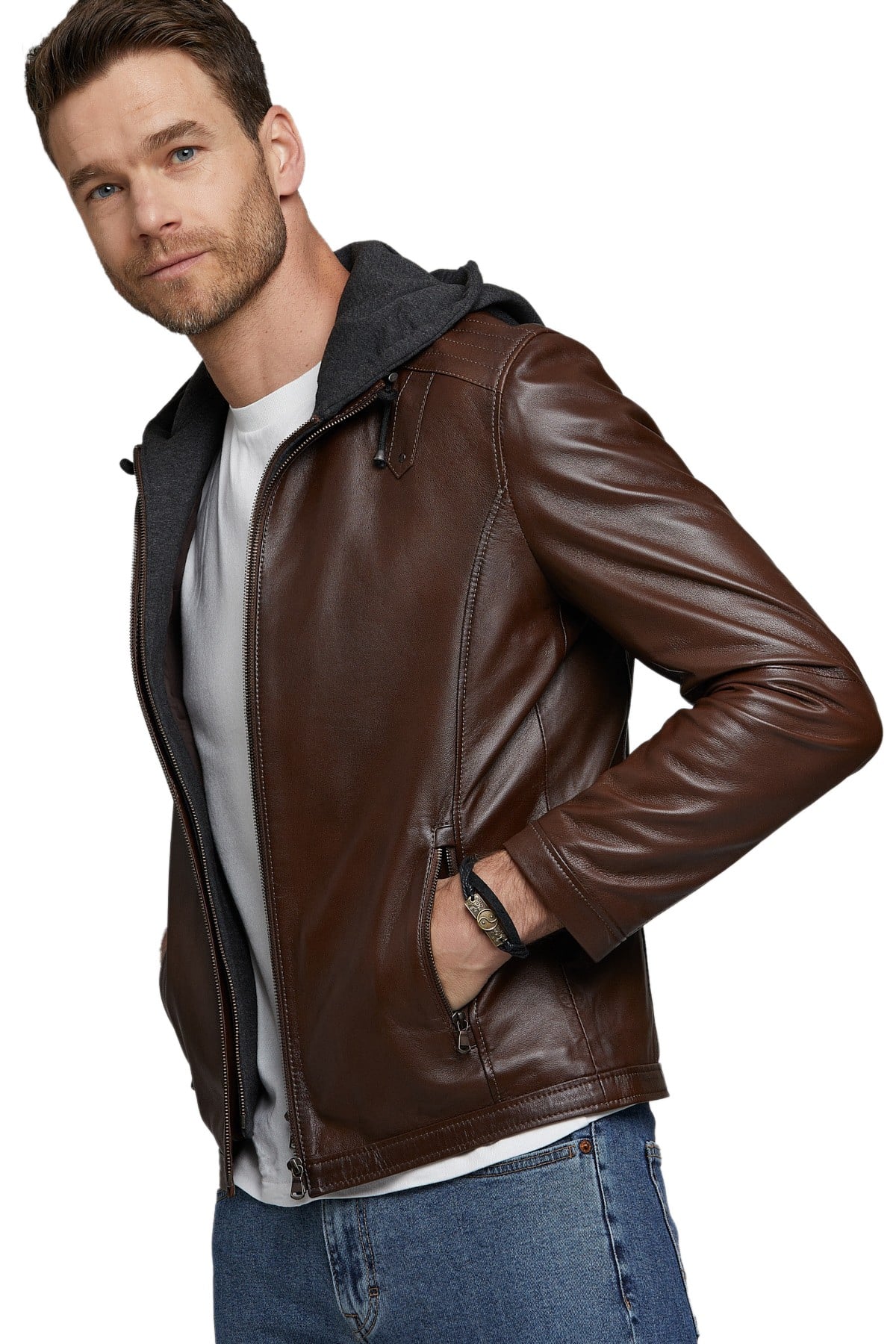 Johannes Huebl Men's 100 % Real Brown Leather Hooded Style Classic Jacket