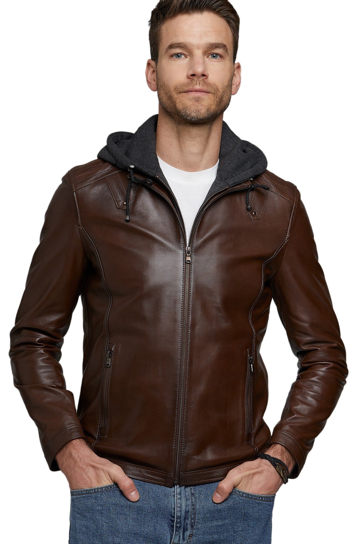 Bram hooded leather jacket Brown Farfetch Men Clothing Jackets Leather Jackets 