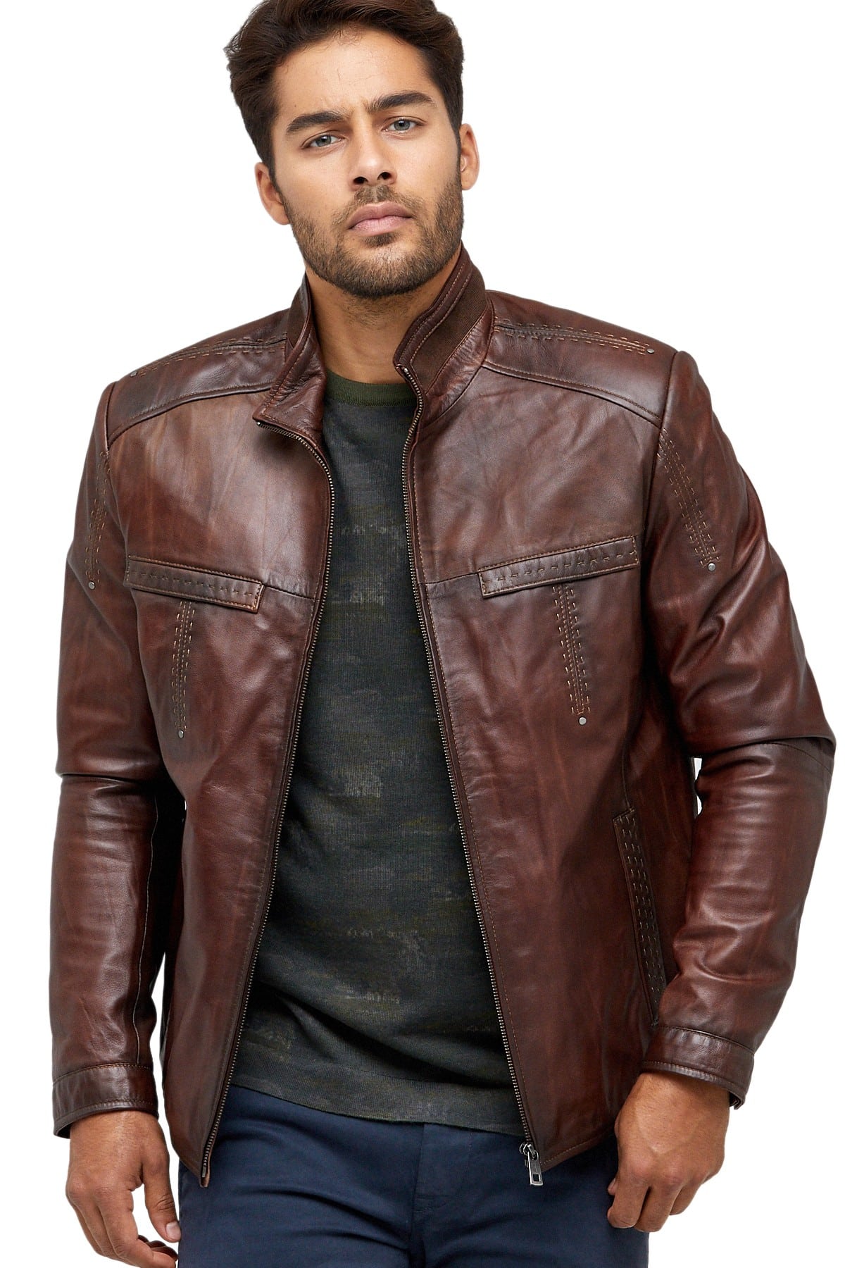 Terence Telle Men's 100 % Real Brown Leather Jacket