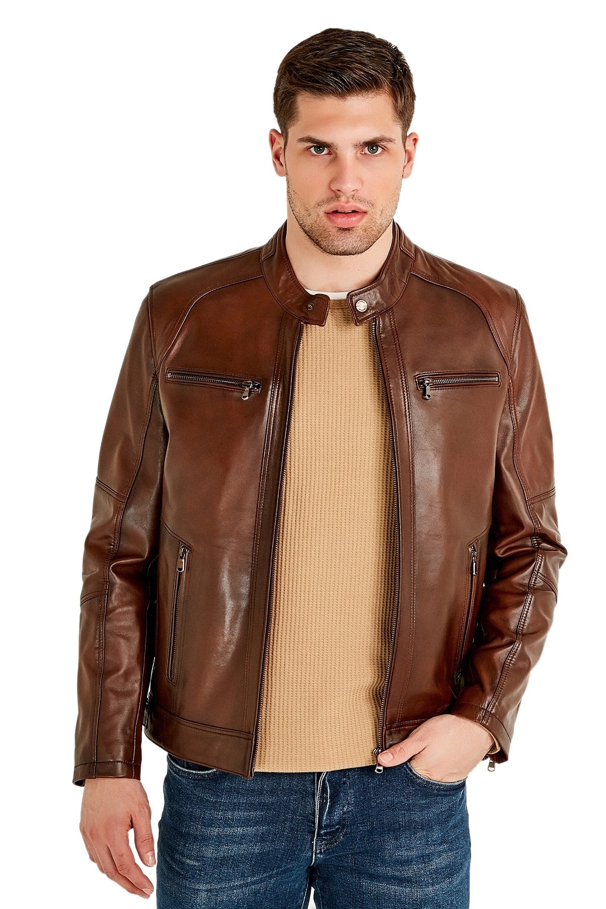 mens brown leather motorcycle jacket california 4
