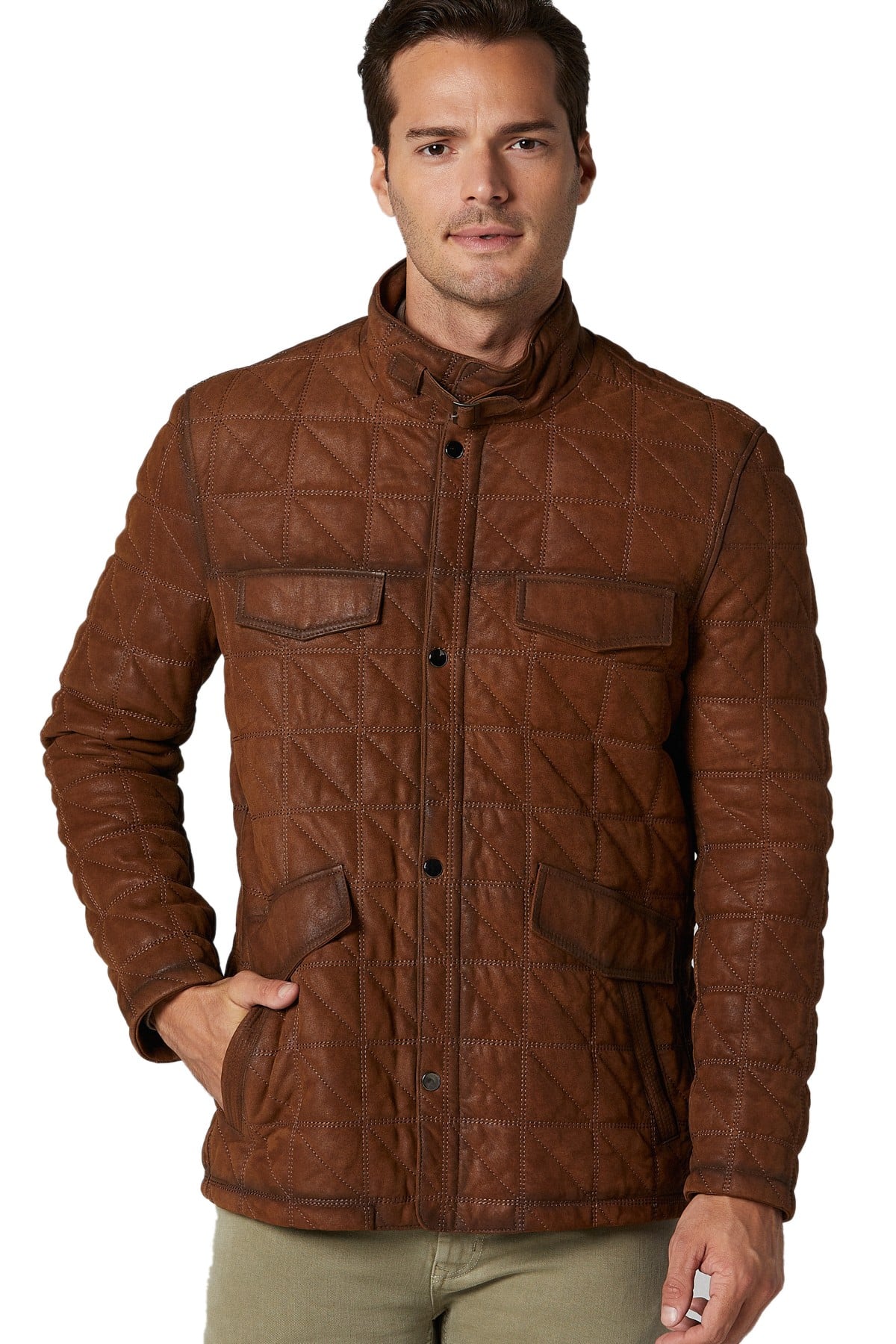 mens brown quilted boxes leather jacket 3