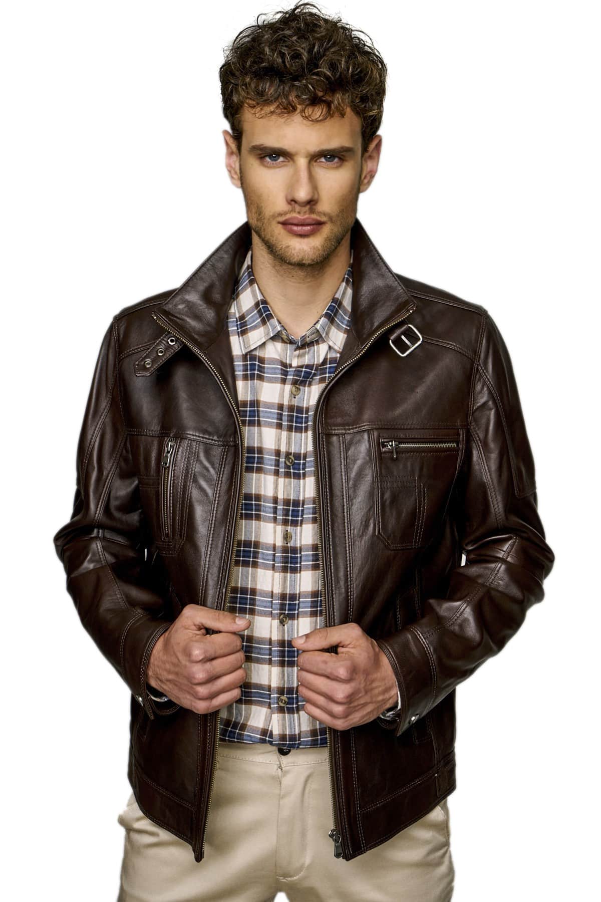 Men Dark Brown Leather Bomber Jacket