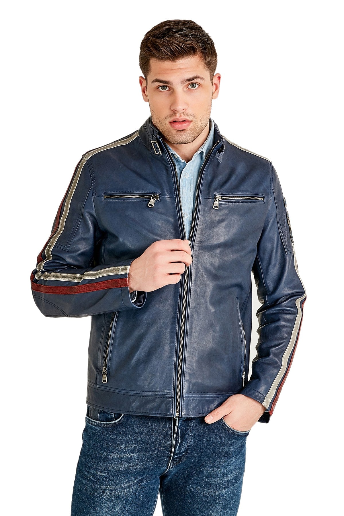 Aundrey Lunda Men's 100% Real Blue Leather Jacket