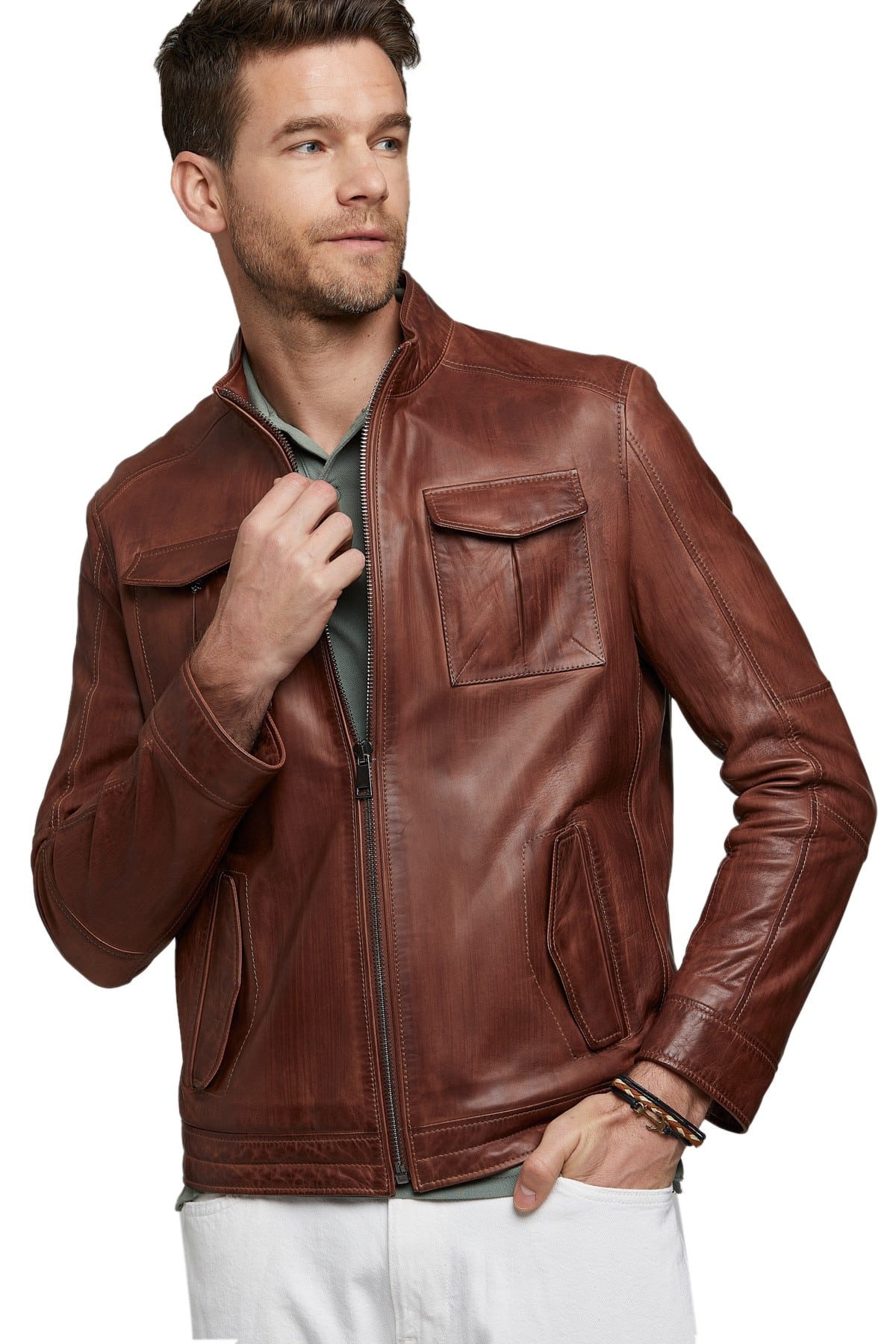 mens shaded brown fashion leather jacket 4
