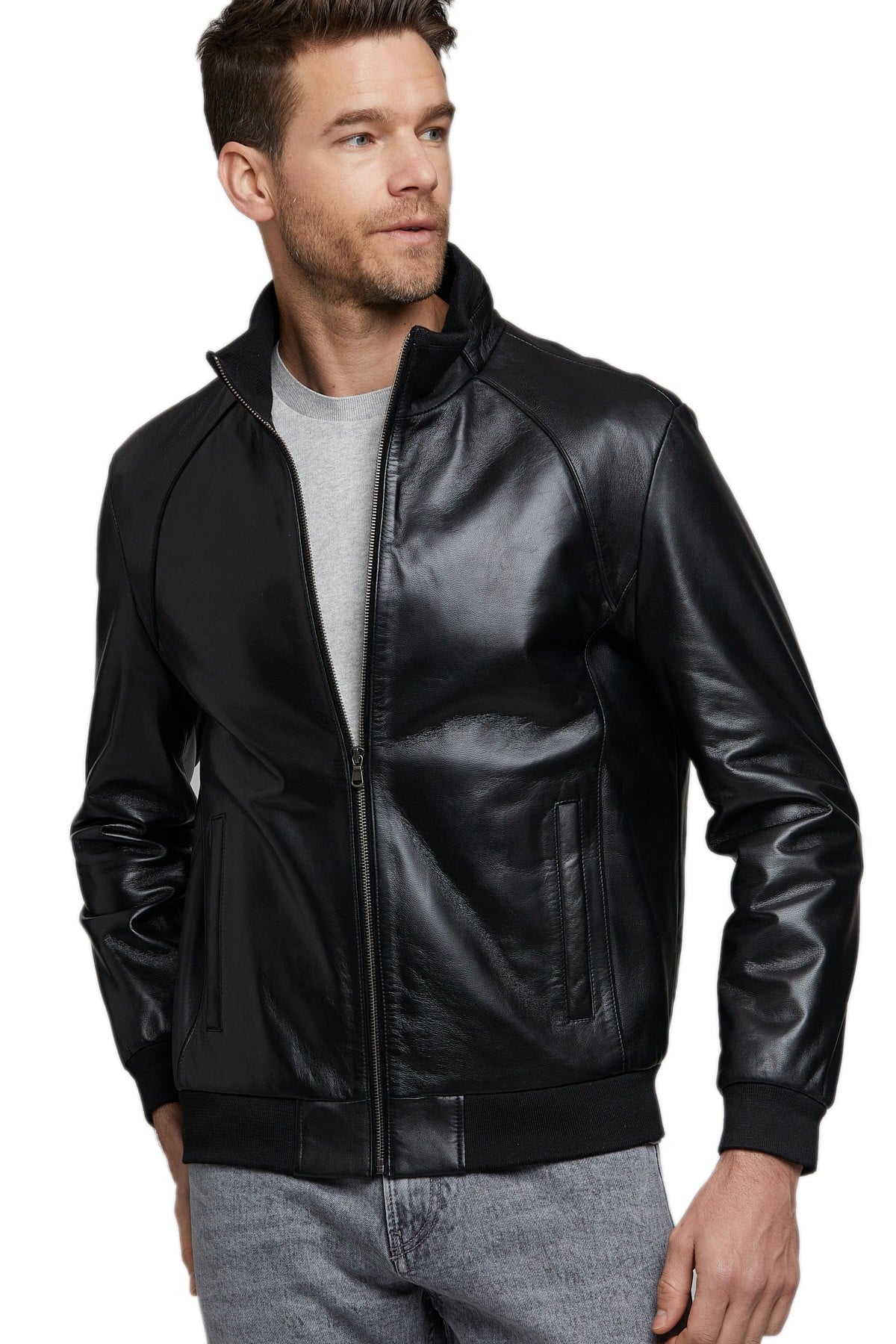 Black Bomber Leather Jacket For Mens - Custom Genuine Leather Jacket