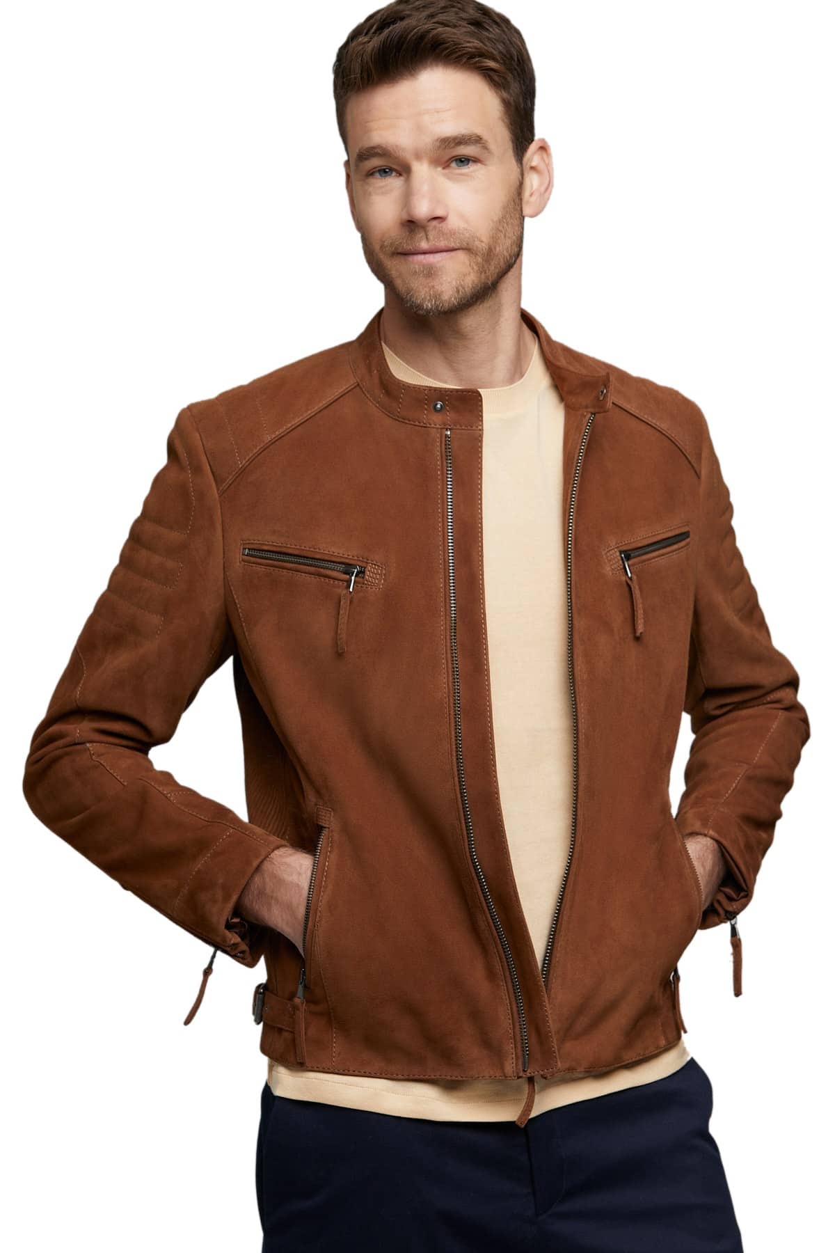 mens suede brown leather jacket in US 4