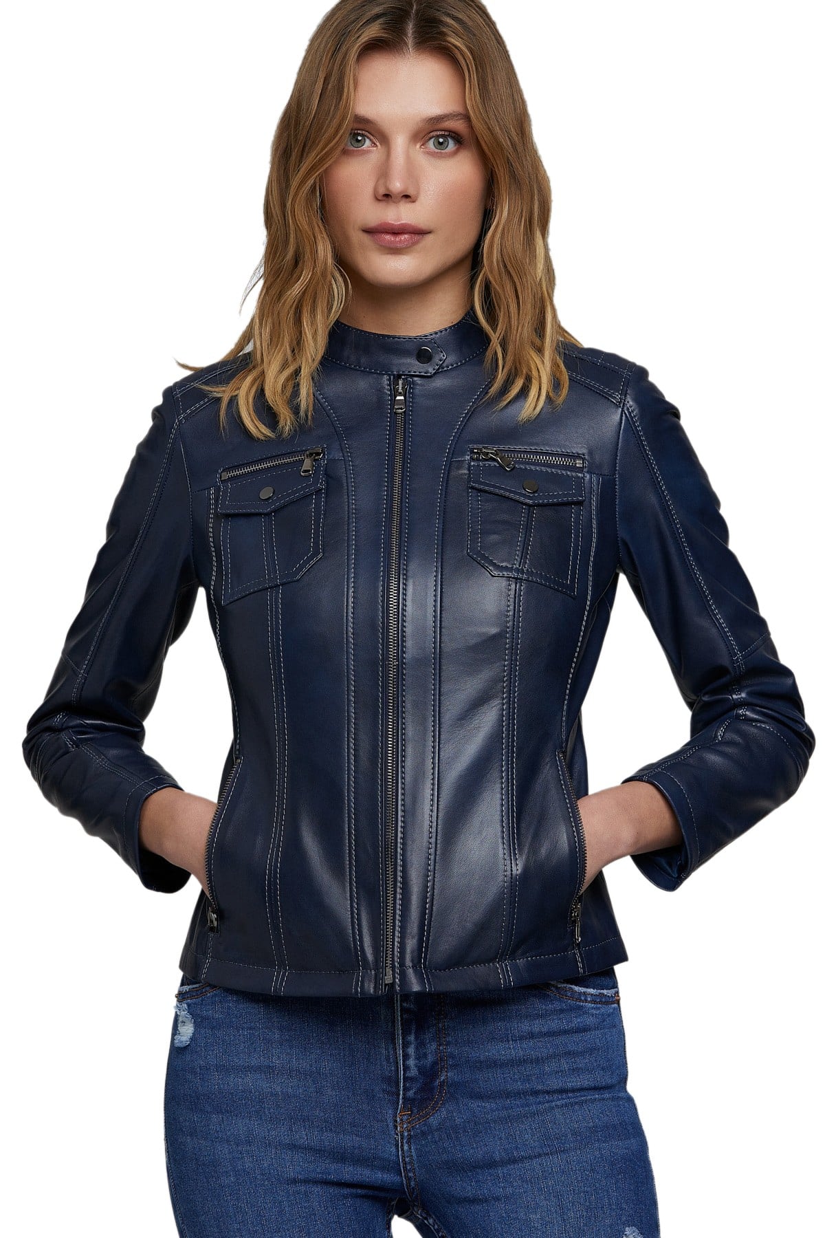 Ladies Real Leather Jacket Blue Fashion Stylish Biker Style Top Rock Jacket 9213 
