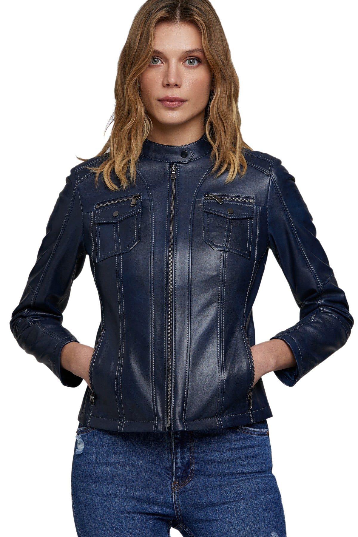 Womens Navy Blue Leather Jacket  Stylish Western Outfit Jacket