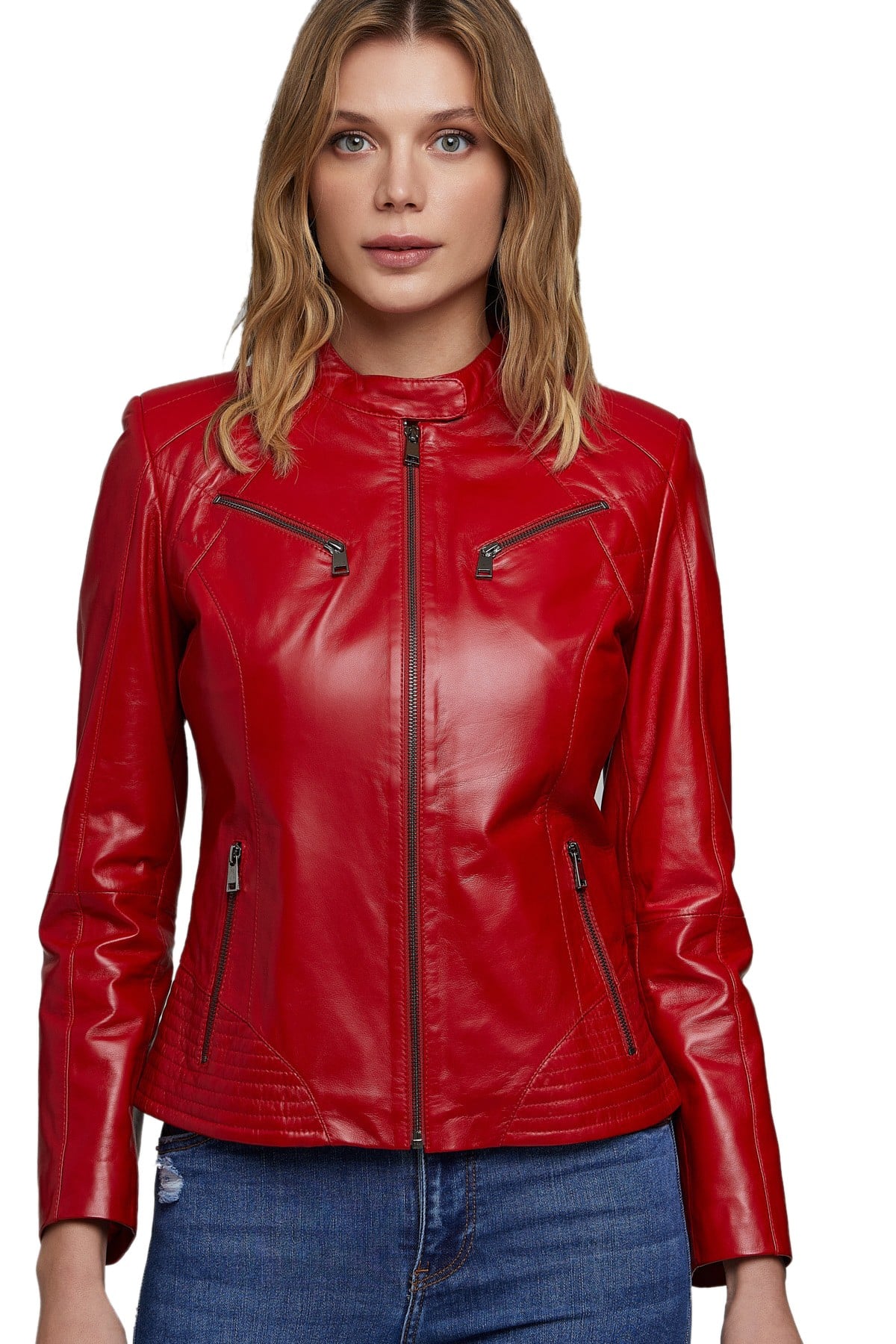 Women Biker Style Red Leather Jacket -Red Sports Leather Jacket