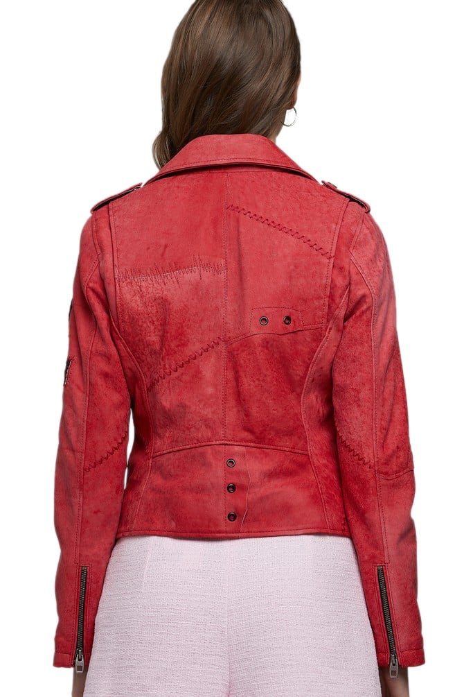 Redish Pink Womens Leather Moto Jacket in Oakland