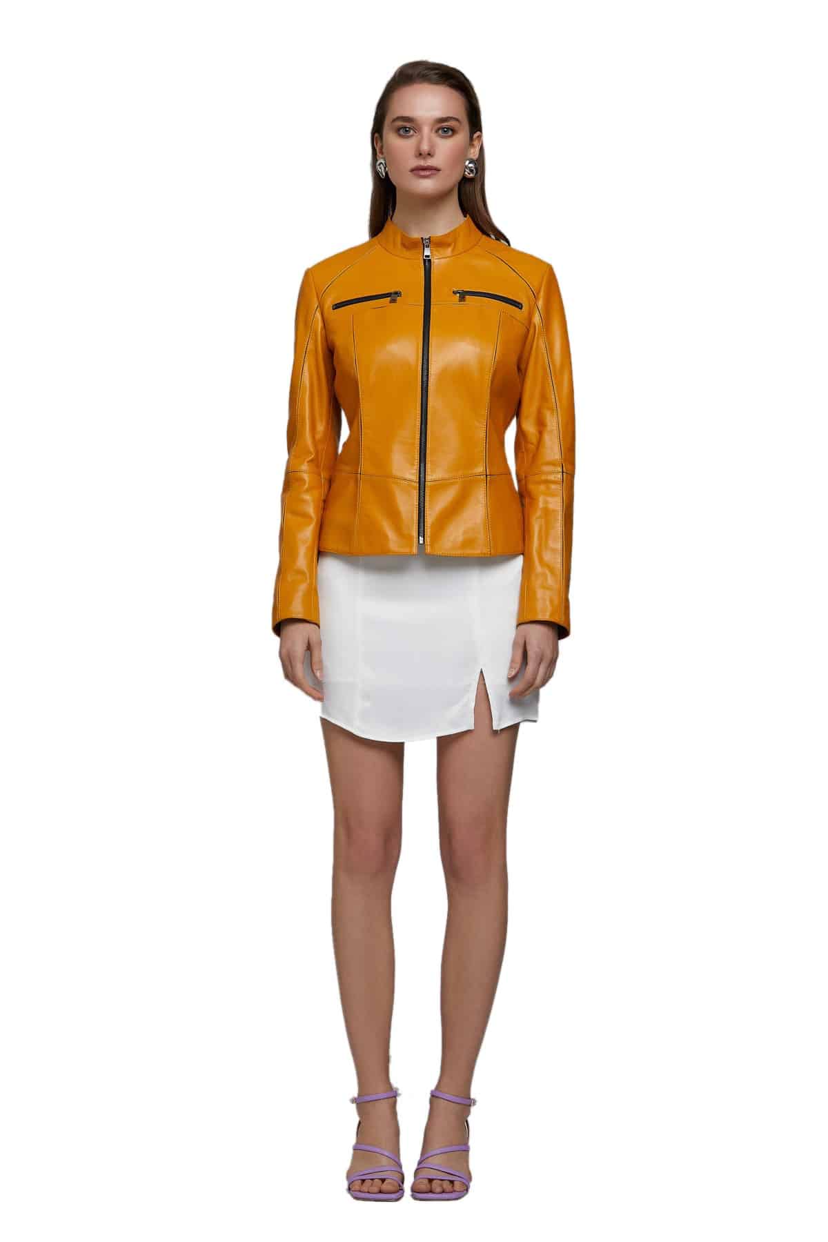 Womens Stylish Elegant Design Real Yellow Biker Leather Jacket