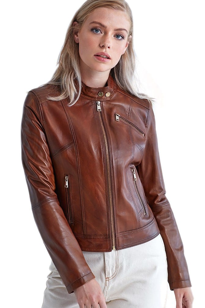 ladies brown leather motorcycle jacket