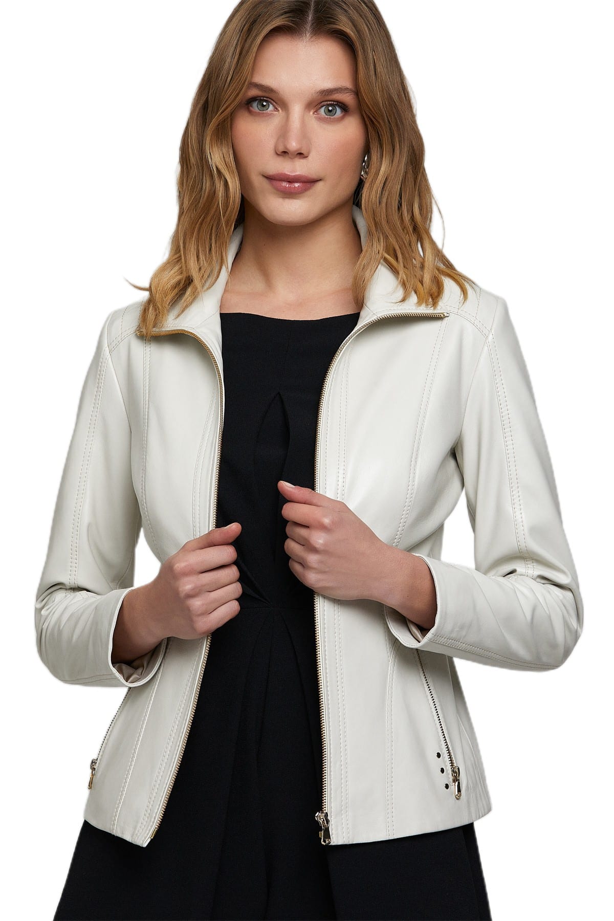 cream leather jacket with fur collar