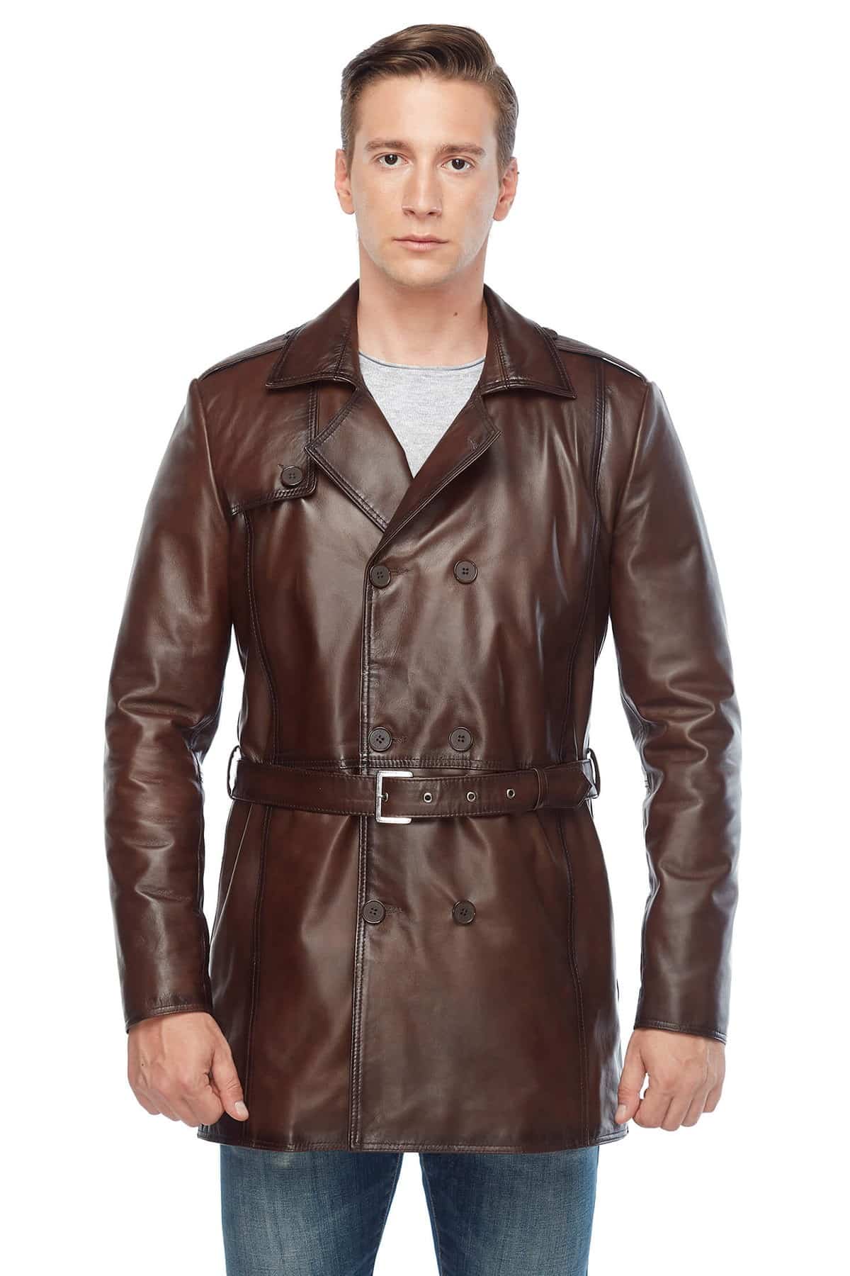 Antonio Banderas Men's 100 % Real Brown Leather Trench Coat