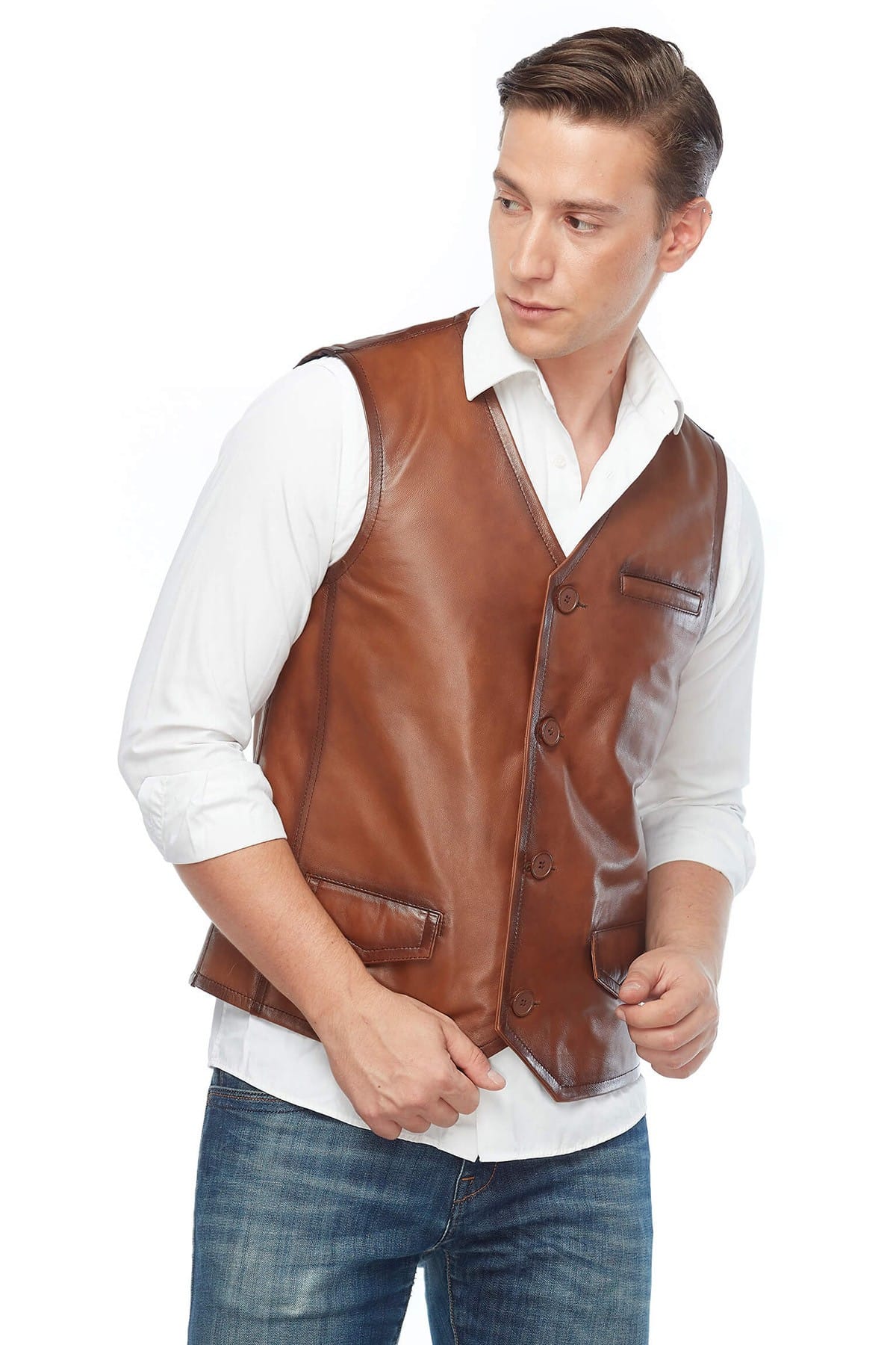 Dominic Adams Tobacco Genuine Leather Vest Posing