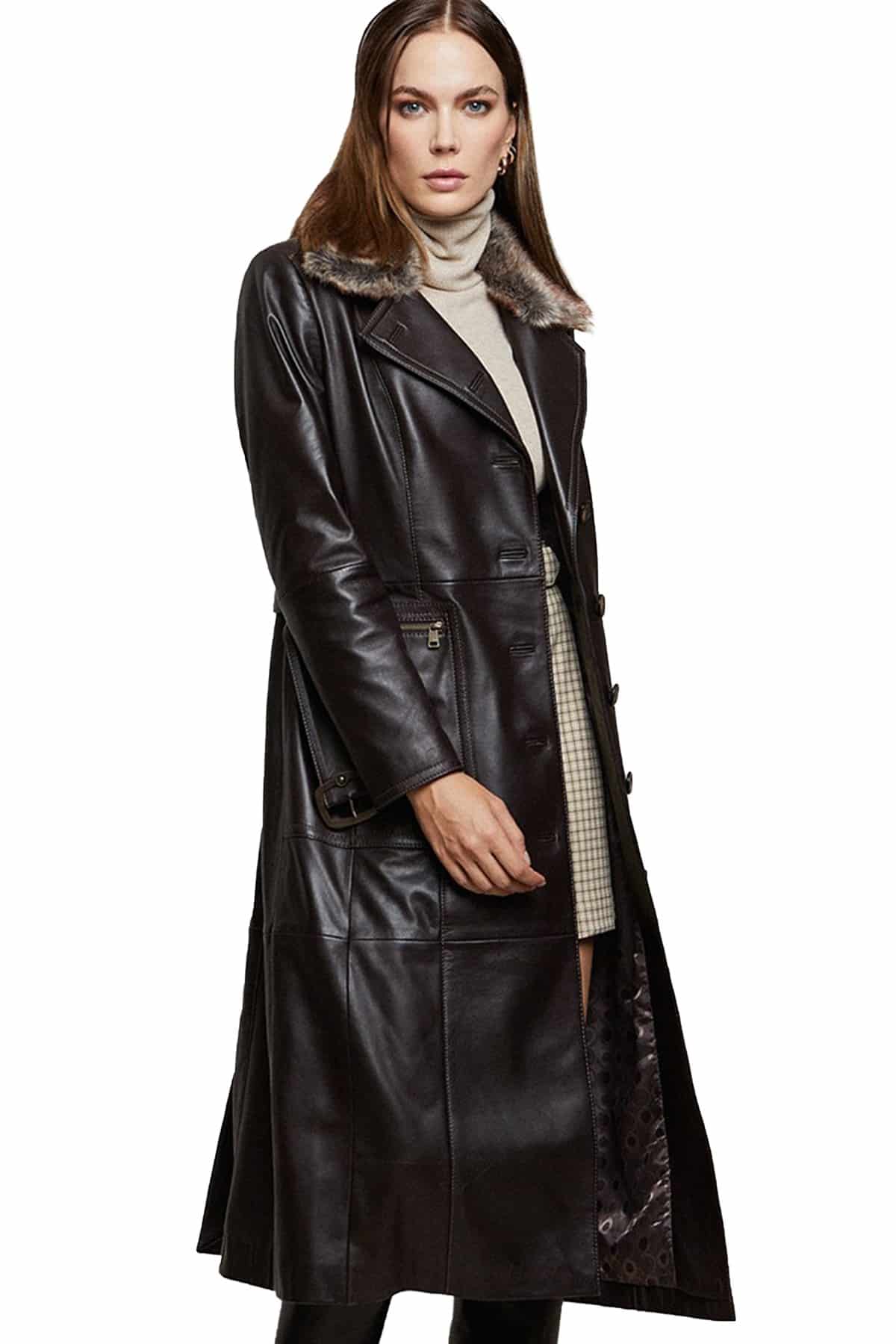 Looking for Womens Extra Long Leather Trench Coat Fur Collar?