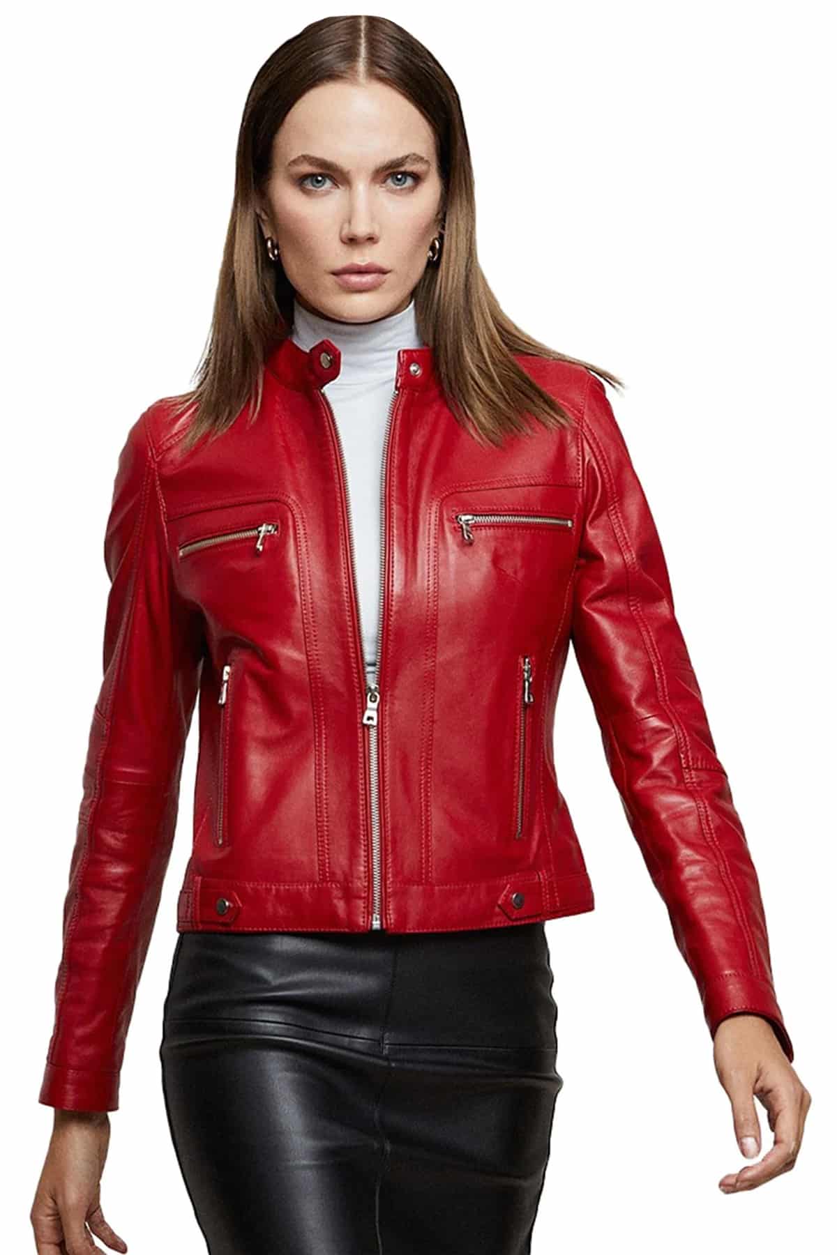 Evelyn Bold Red Women's Genuine Soft Lambskin Leather Cafe Racer Moto Jacket with Zippered Pockets & Sleeves