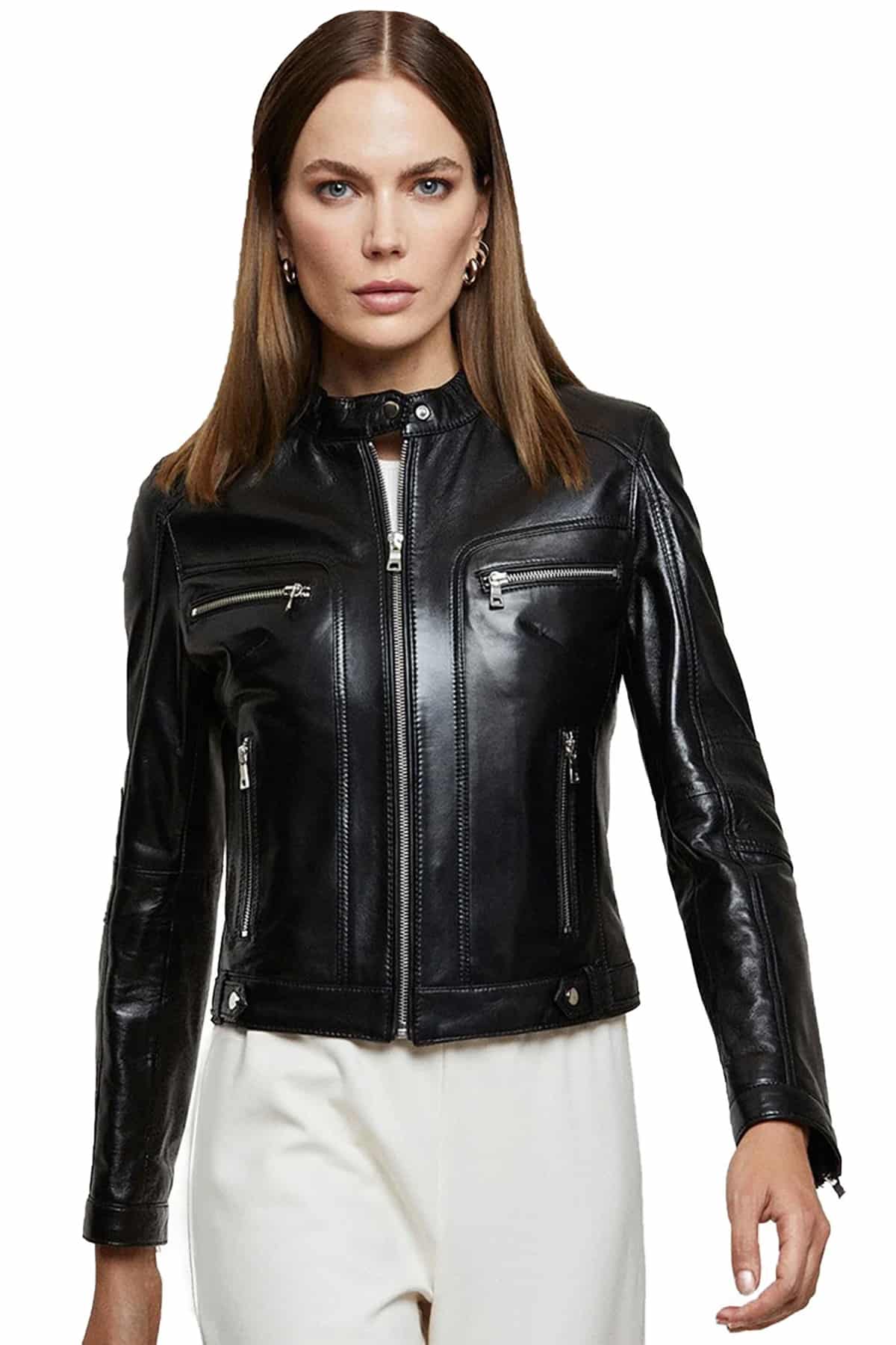 Harper Women's 100% Real Black Leather Moto Crop Jacket