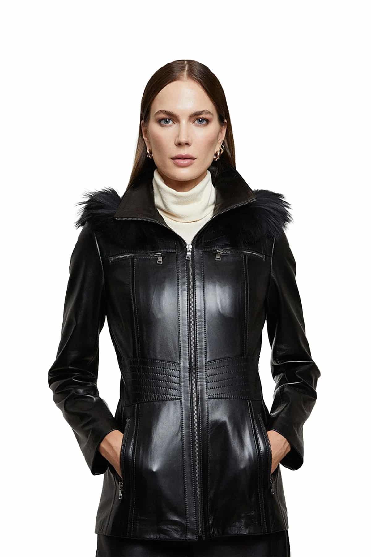 Looking for Black Fur Hooded Leather Coat Womens?