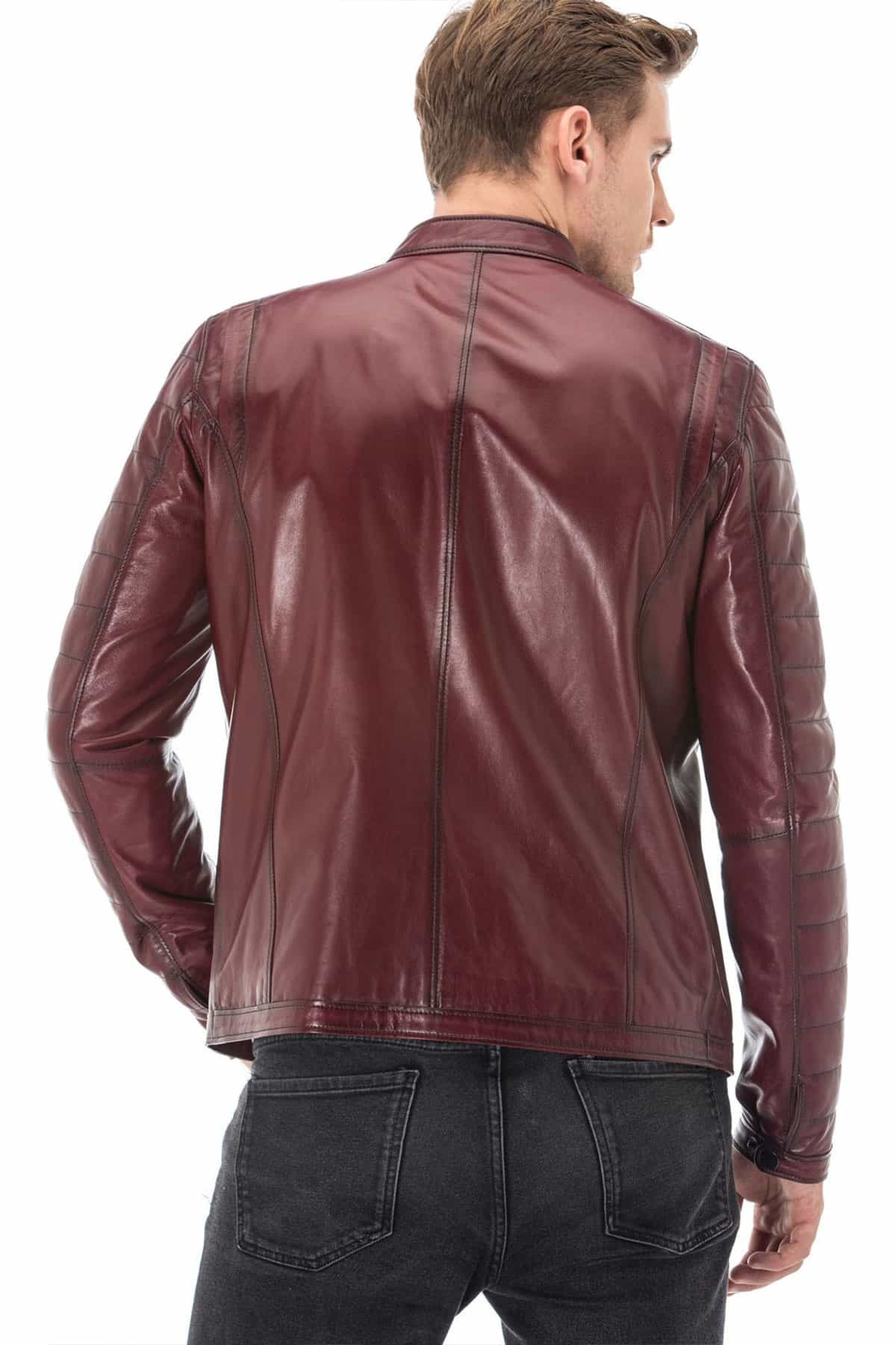 Men's Moto Leather Jacket in Burgundy Red Genuine Leather Jacket Coat | PalaLeather, Burgundy Red / M