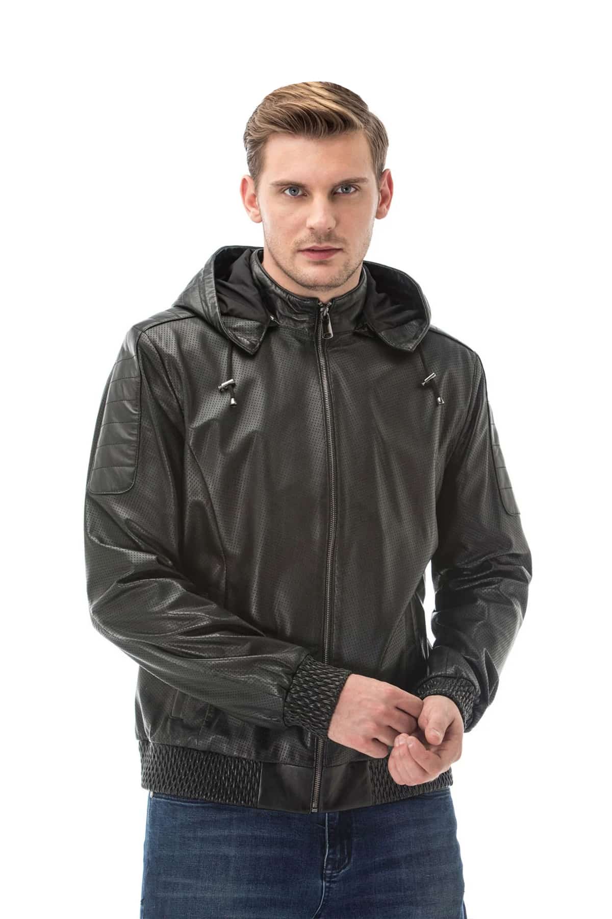 Men's 100% Real Black Leather Baggy Perforated Hooded Jacket