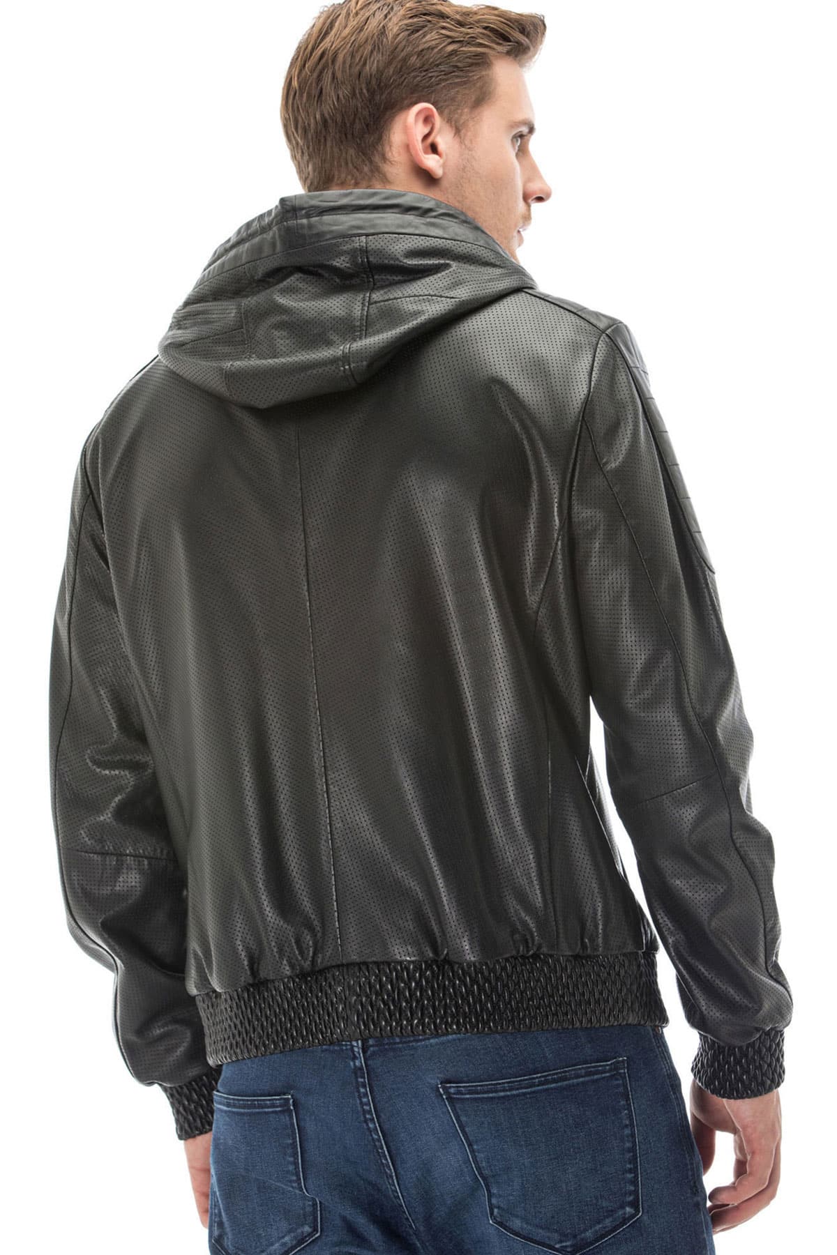 Mens Black Baggy Perforated Leather Hooded Jacket Back