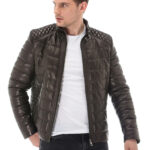 Men's 100% Real Black Leather Inflatable Diamond Patterned Jacket