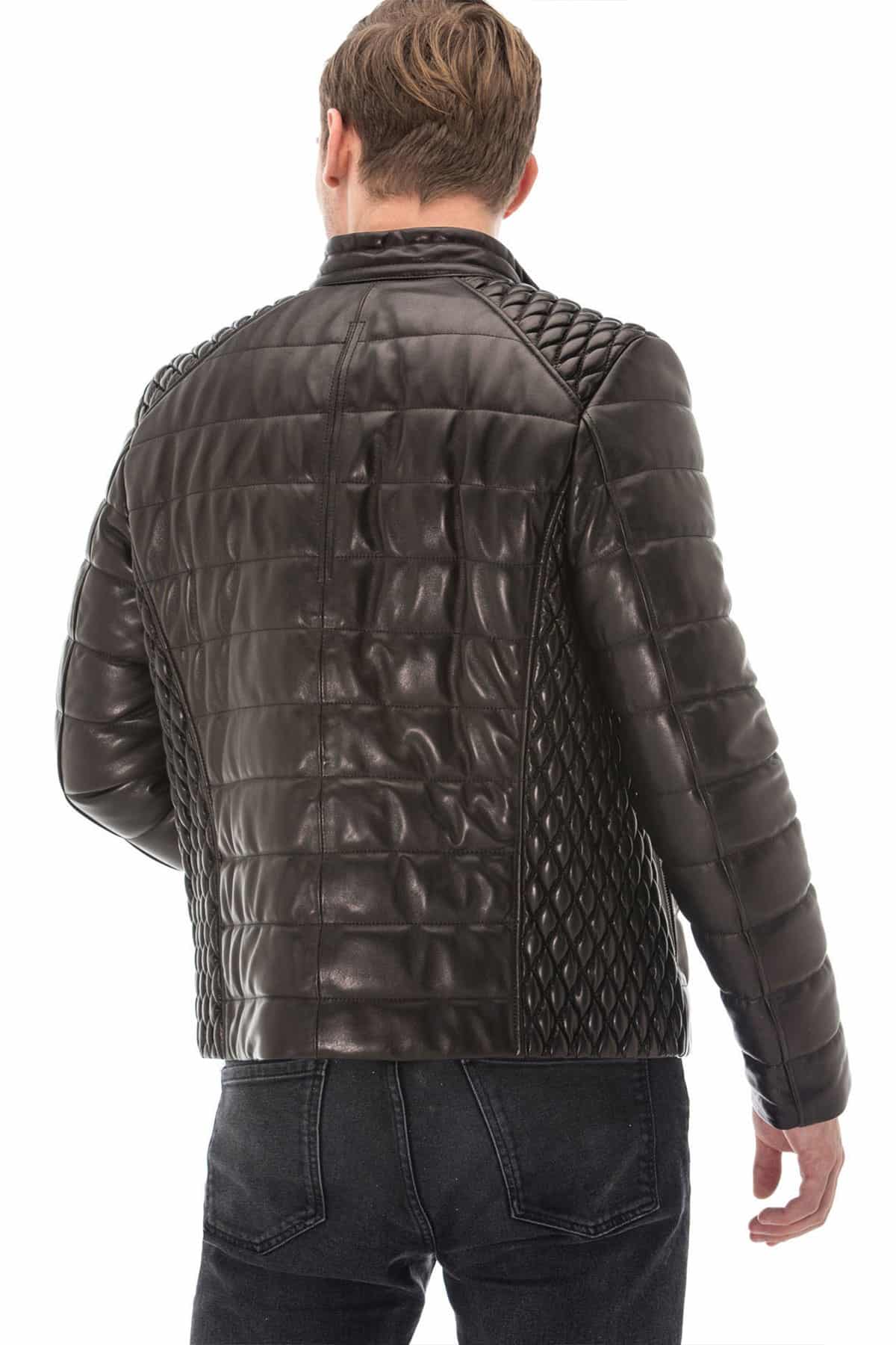 Mens Black Diamond Patterned Inflatable Leather Jacket Back