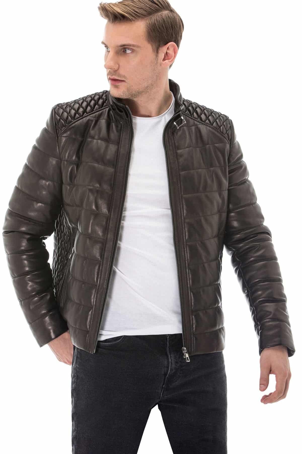 Men's 100% Real Black Leather Inflatable Diamond Patterned Jacket