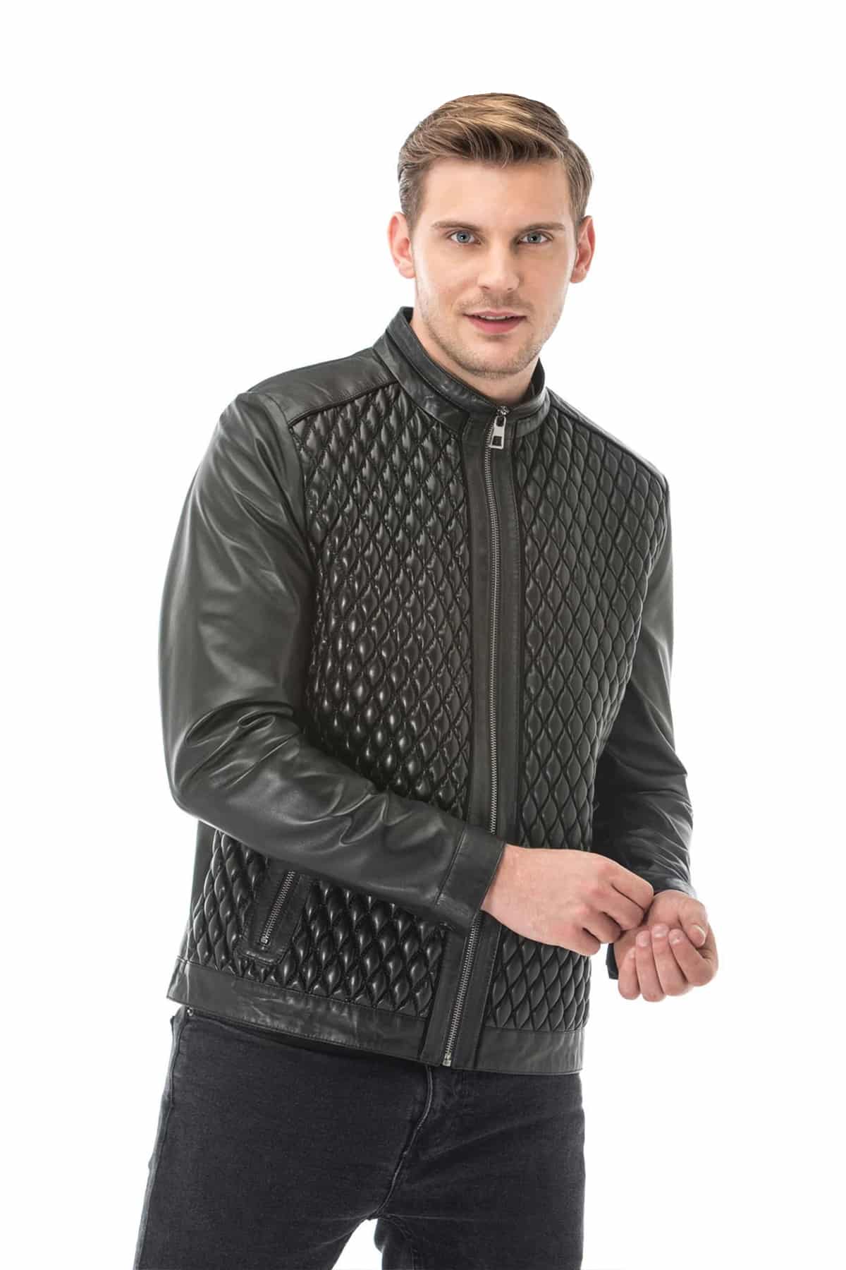 Buy Now This Mens Black Diamond Quilted Leather Bomber Jacket